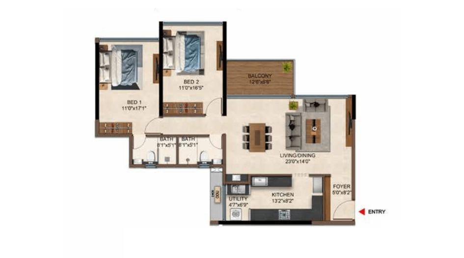 Casagrand-caladium-Gallery-2BHK-1128sqft-Unit-Plan