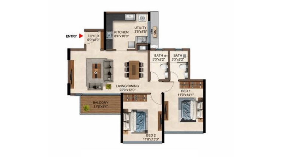 Casagrand-caladium-Gallery-2BHK-913sqft-Unit-Plan