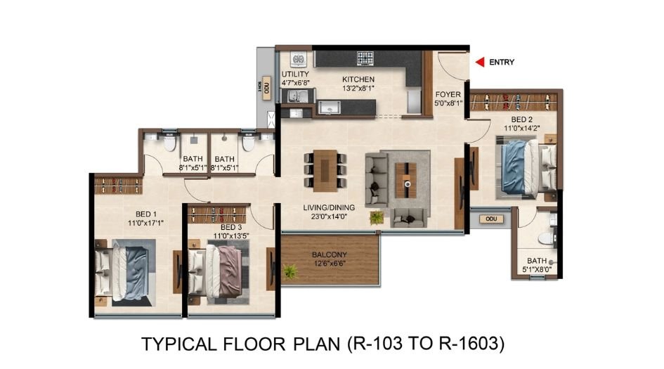 Casagrand-caladium-Gallery-3BHK-1302sqt-Unit-Plan