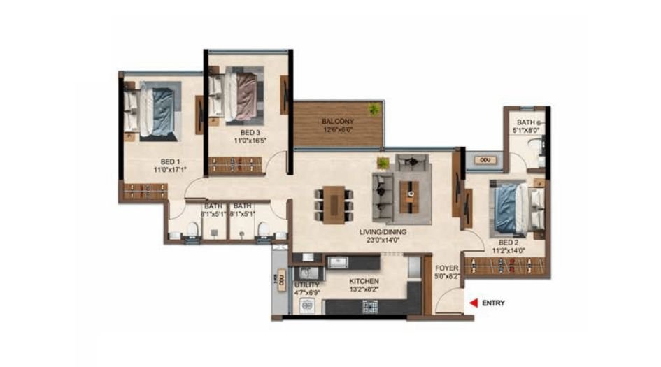 Casagrand-caladium-Gallery-3BHK-1334sqft-Unit-Plan